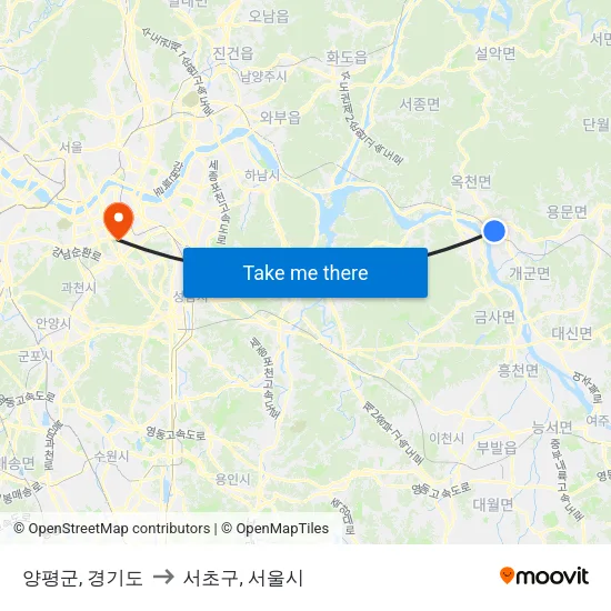 양평군, 경기도 to 서초구, 서울시 map