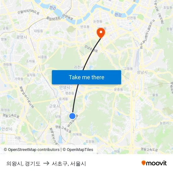 의왕시, 경기도 to 서초구, 서울시 map