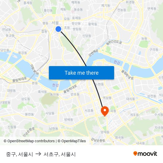 중구, 서울시 to 서초구, 서울시 map