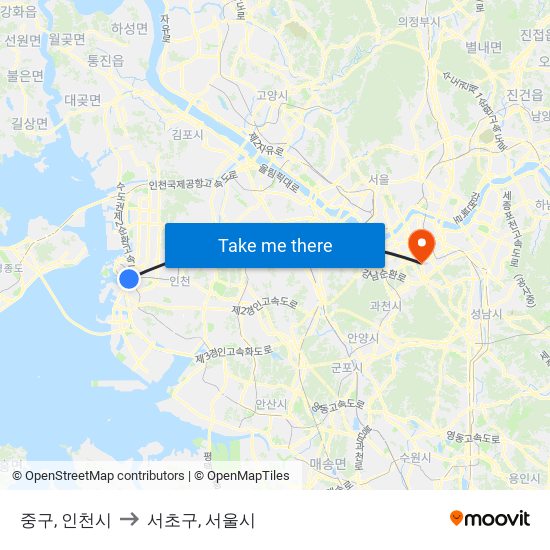 중구, 인천시 to 서초구, 서울시 map