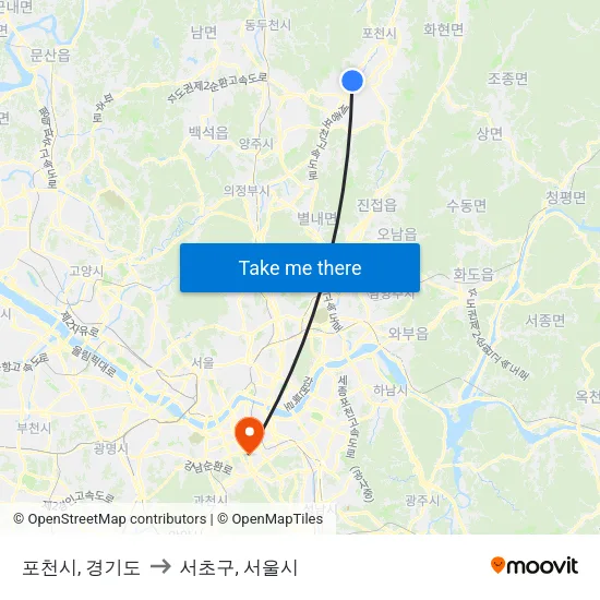 포천시, 경기도 to 서초구, 서울시 map