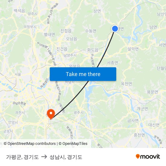 가평군, 경기도 to 성남시, 경기도 map