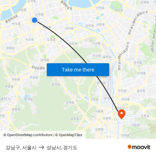 강남구, 서울시 to 성남시, 경기도 map