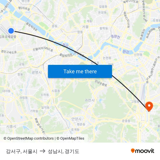 강서구, 서울시 to 성남시, 경기도 map