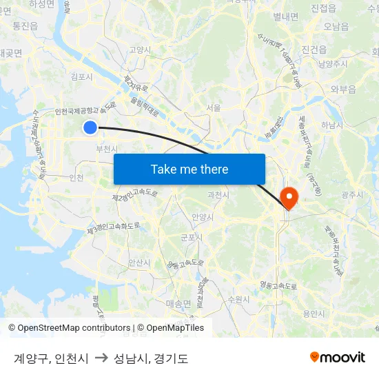 계양구, 인천시 to 성남시, 경기도 map