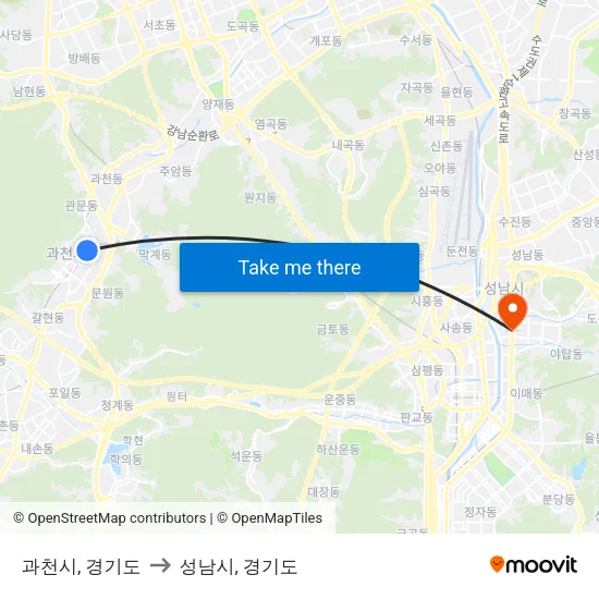 과천시, 경기도 to 성남시, 경기도 map