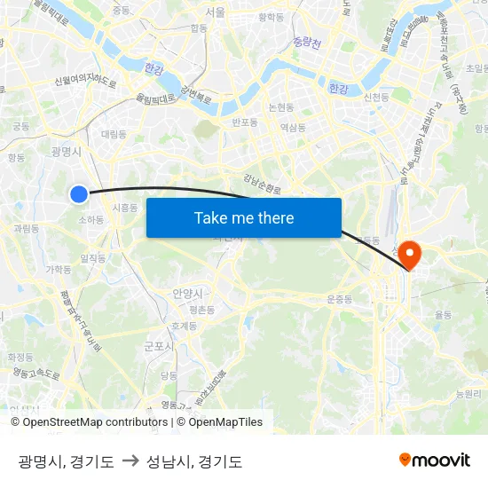 광명시, 경기도 to 성남시, 경기도 map