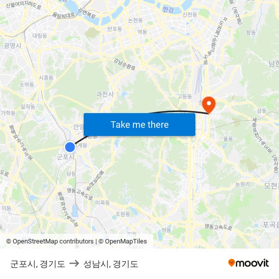 군포시, 경기도 to 성남시, 경기도 map