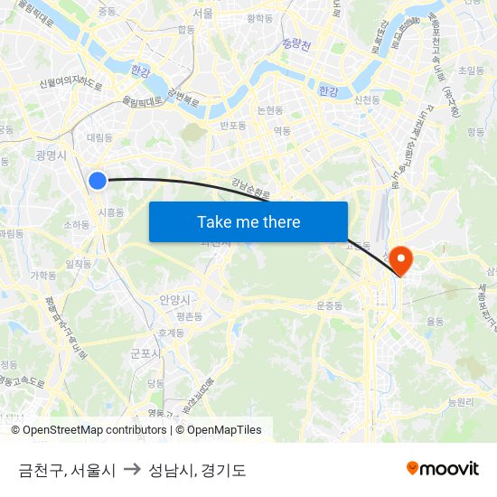 금천구, 서울시 to 성남시, 경기도 map