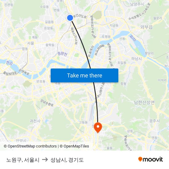 노원구, 서울시 to 성남시, 경기도 map