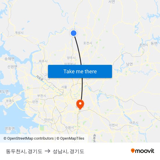 동두천시, 경기도 to 성남시, 경기도 map