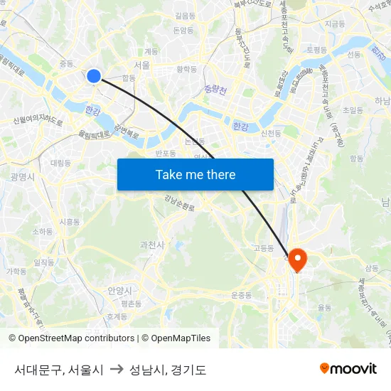 서대문구, 서울시 to 성남시, 경기도 map