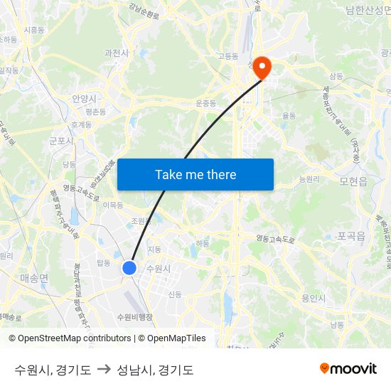 수원시, 경기도 to 성남시, 경기도 map