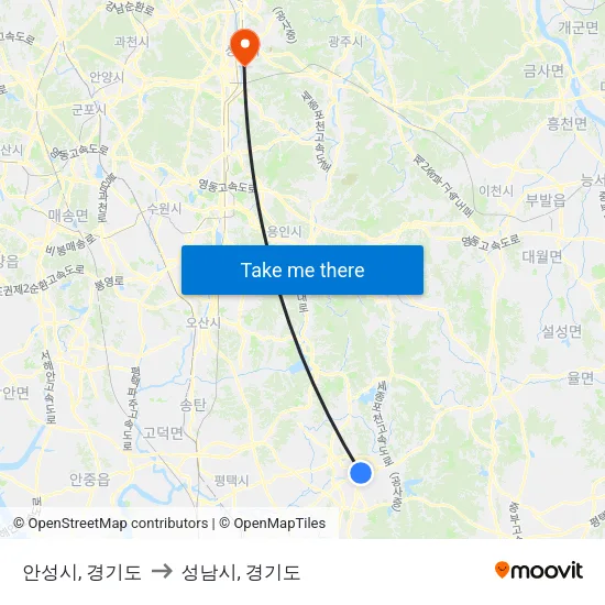 안성시, 경기도 to 성남시, 경기도 map