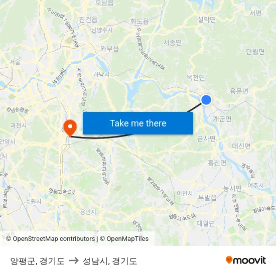 양평군, 경기도 to 성남시, 경기도 map