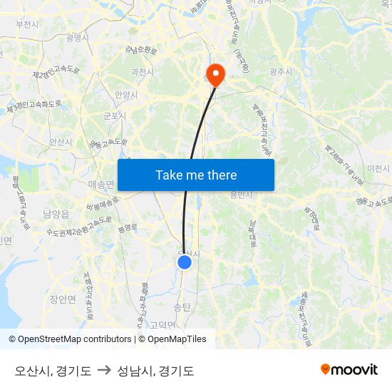 오산시, 경기도 to 성남시, 경기도 map
