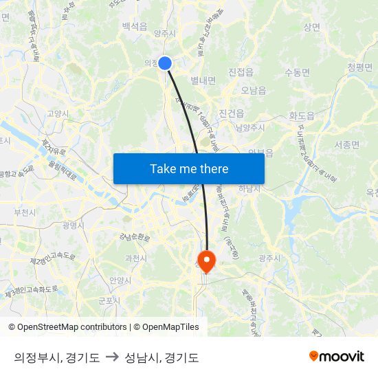 의정부시, 경기도 to 성남시, 경기도 map