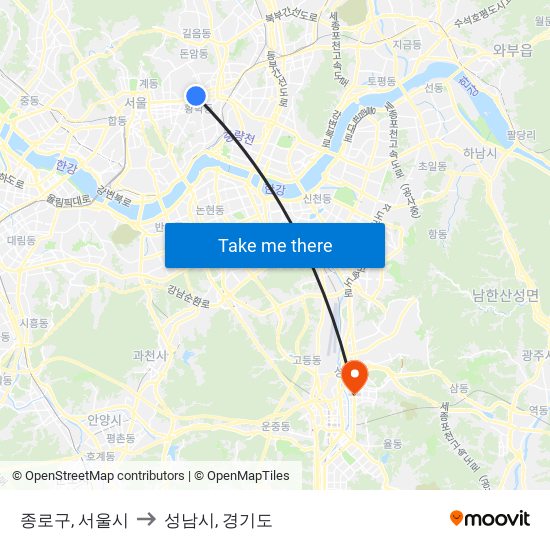 종로구, 서울시 to 성남시, 경기도 map