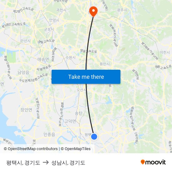 평택시, 경기도 to 성남시, 경기도 map