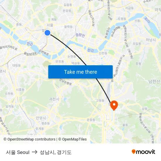 서울 Seoul to 성남시, 경기도 map