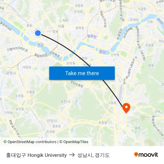 홍대입구 Hongik University to 성남시, 경기도 map