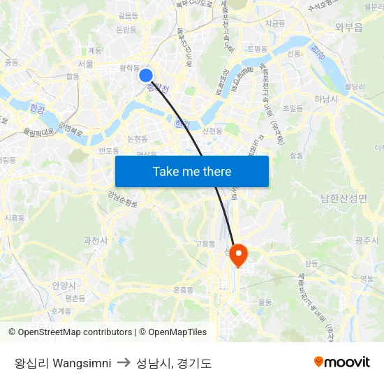 왕십리 Wangsimni to 성남시, 경기도 map