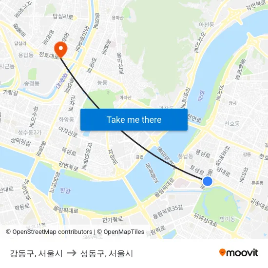 강동구, 서울시 to 성동구, 서울시 map