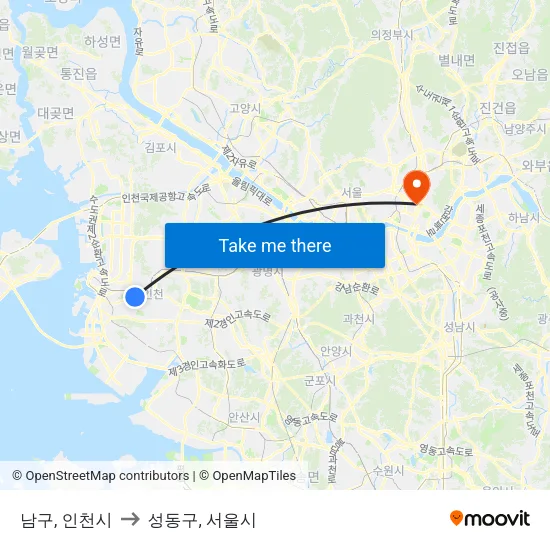남구, 인천시 to 성동구, 서울시 map