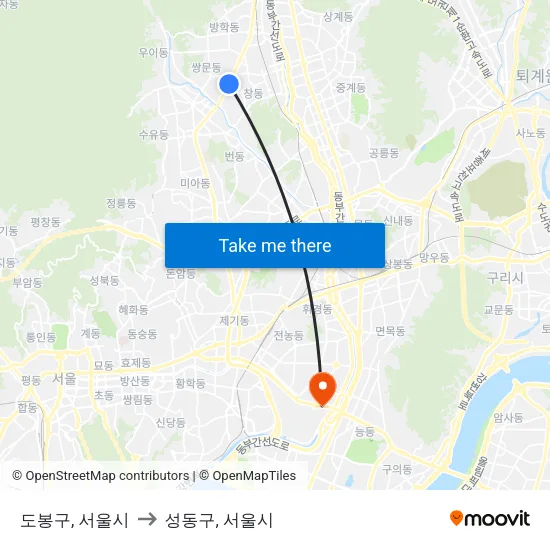 도봉구, 서울시 to 성동구, 서울시 map