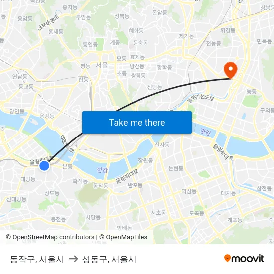 동작구, 서울시 to 성동구, 서울시 map