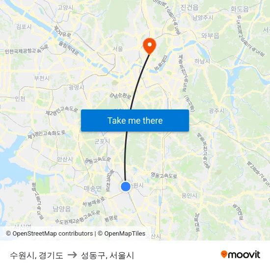 수원시, 경기도 to 성동구, 서울시 map