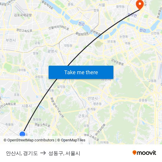 안산시, 경기도 to 성동구, 서울시 map