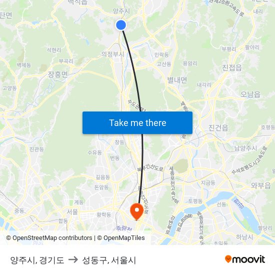 양주시, 경기도 to 성동구, 서울시 map