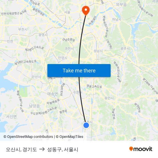 오산시, 경기도 to 성동구, 서울시 map