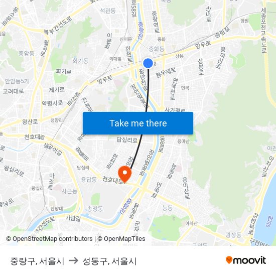 중랑구, 서울시 to 성동구, 서울시 map