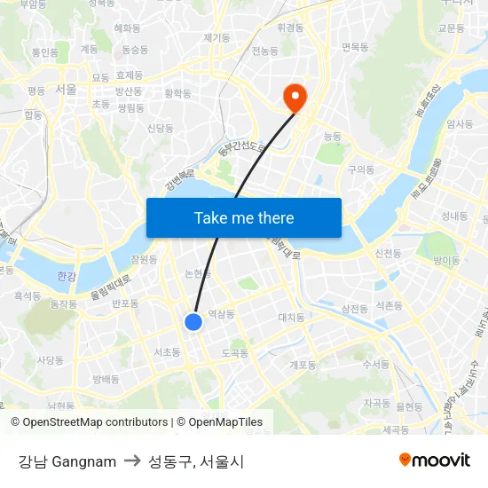 강남 Gangnam to 성동구, 서울시 map
