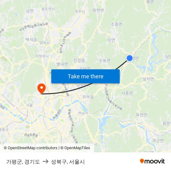 가평군, 경기도 to 성북구, 서울시 map
