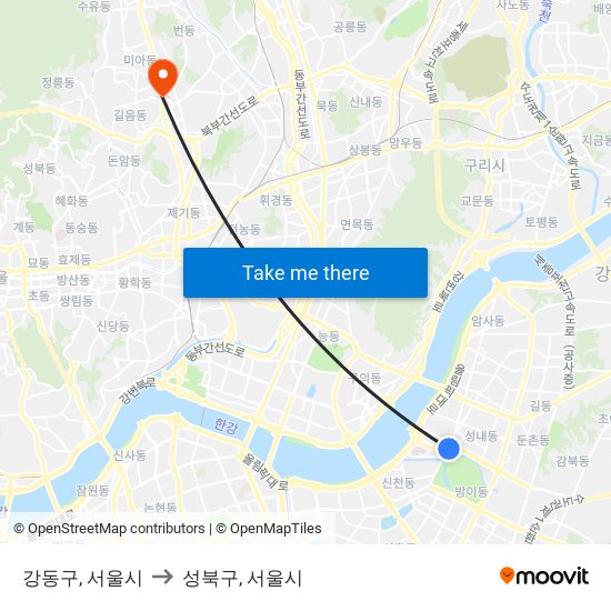 강동구, 서울시 to 성북구, 서울시 map