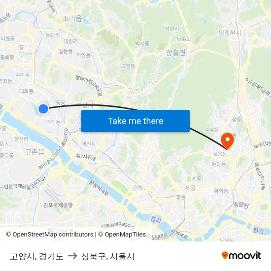 고양시, 경기도 to 성북구, 서울시 map
