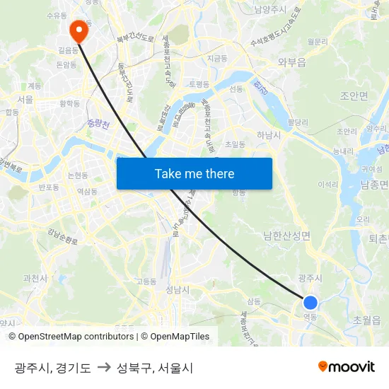 광주시, 경기도 to 성북구, 서울시 map