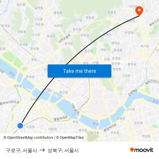 구로구, 서울시 to 성북구, 서울시 map