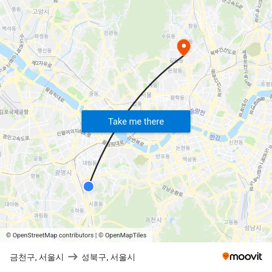 금천구, 서울시 to 성북구, 서울시 map