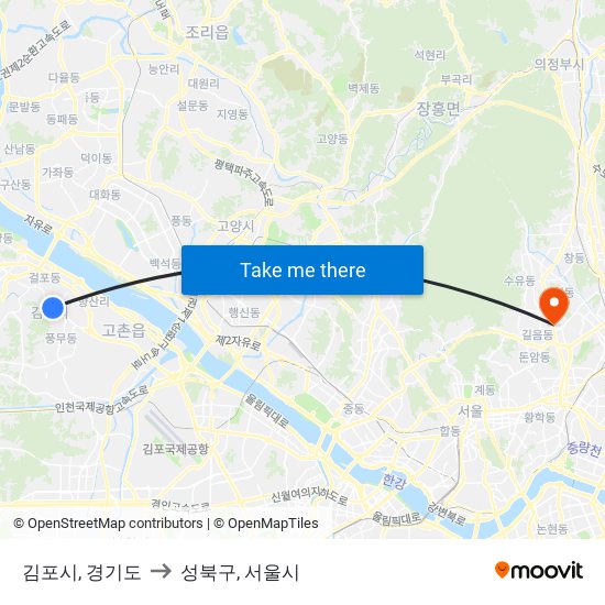 김포시, 경기도 to 성북구, 서울시 map