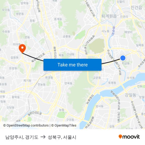 남양주시, 경기도 to 성북구, 서울시 map