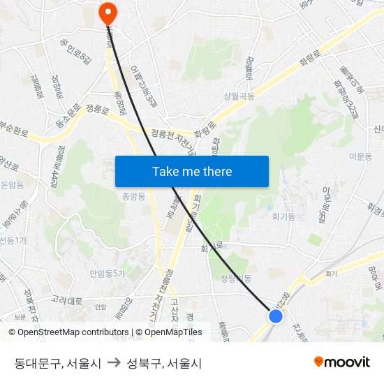 동대문구, 서울시 to 성북구, 서울시 map