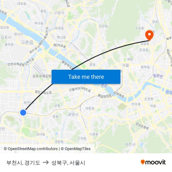 부천시, 경기도 to 성북구, 서울시 map