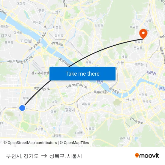 부천시, 경기도 to 성북구, 서울시 map