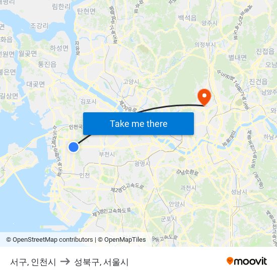 서구, 인천시 to 성북구, 서울시 map