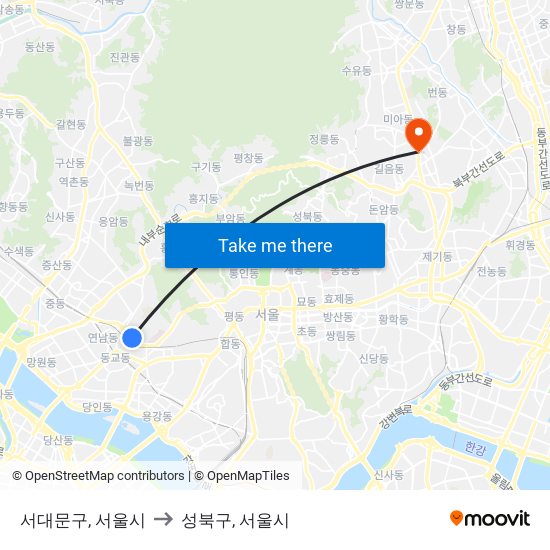 서대문구, 서울시 to 성북구, 서울시 map