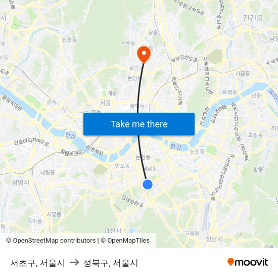 서초구, 서울시 to 성북구, 서울시 map